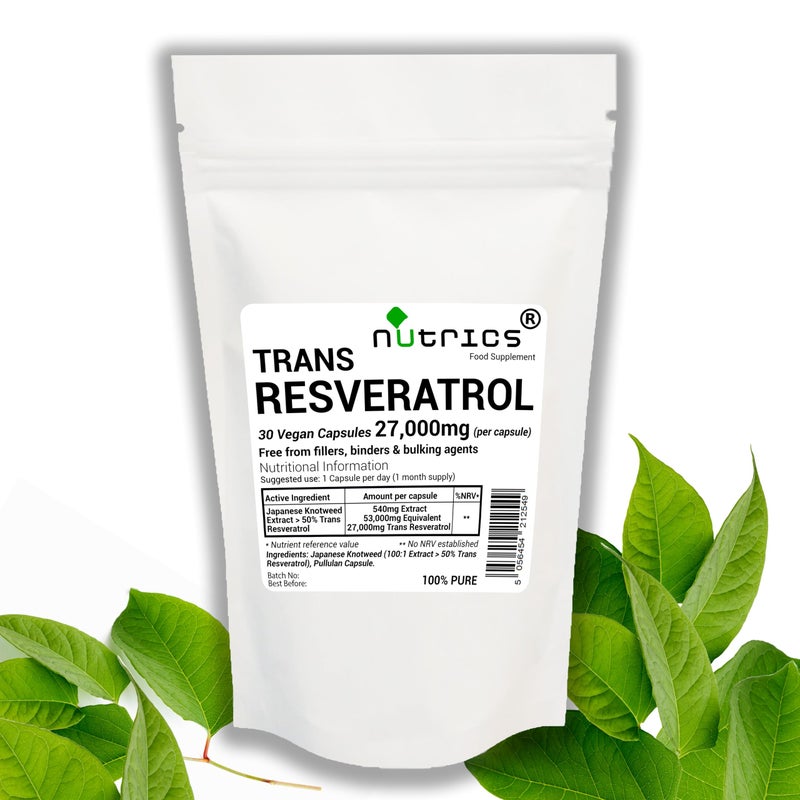 NutricsÂ® 27,000mg (per Capsule) Trans RESVERATROL 30 V Capsules Reynoutria Japonica Extract Polygonum Cuspitadum - 100% Pure No fillers, Binders or Bulking Agents